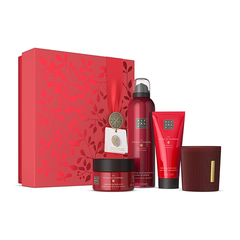 RITUALS Set Cadou The Ritual of Ayurveda, Scrub de corp 125g + Spuma de Dus 200ml + Crema de Corp 100ml + Lumanare Parfumata 140g