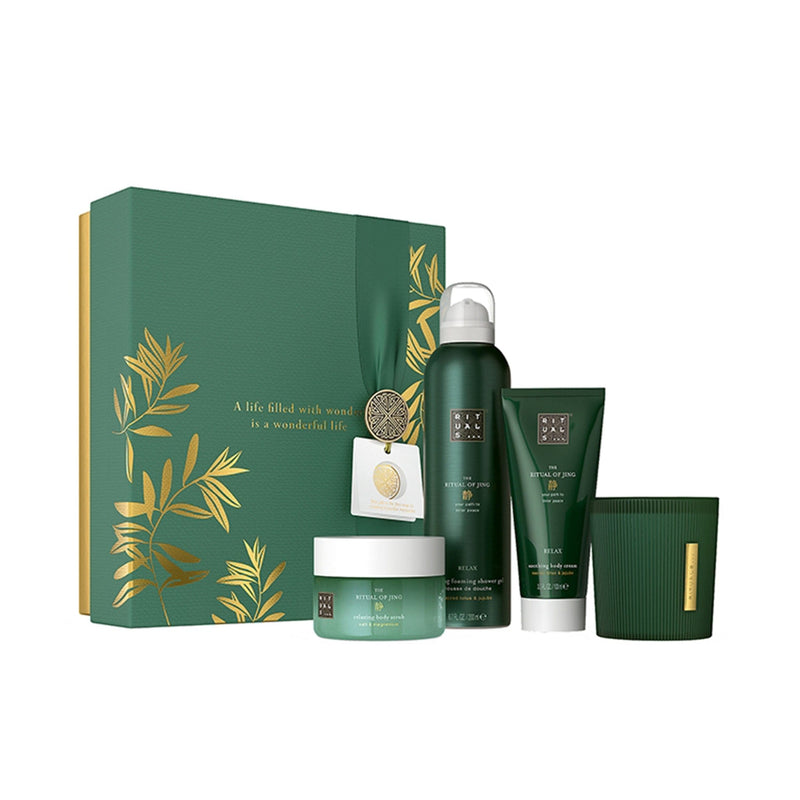 RITUALS Set Cadou The Ritual of Jing, Scrub de corp 125g + Spuma de Dus 200ml + Crema de Corp 100ml + Lumanare Parfumata 140g